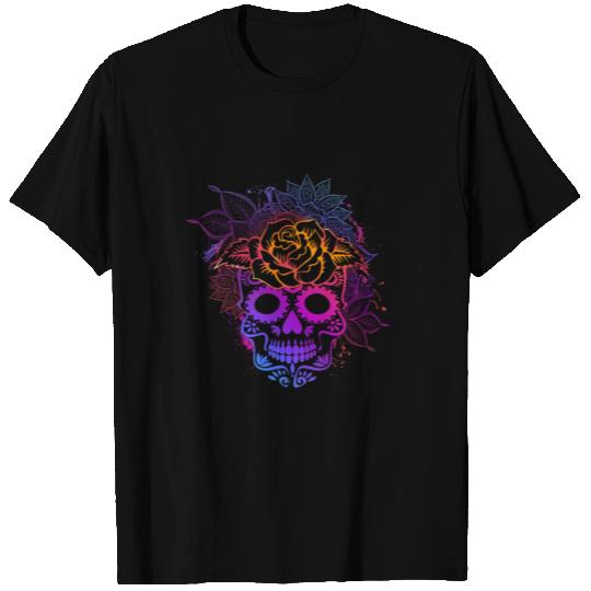 Colorful Sugar Skull Floral Roses and Leaf T Shirts