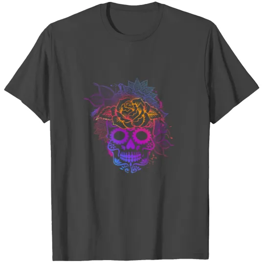 Colorful Sugar Skull Floral Roses and Leaf T Shirts