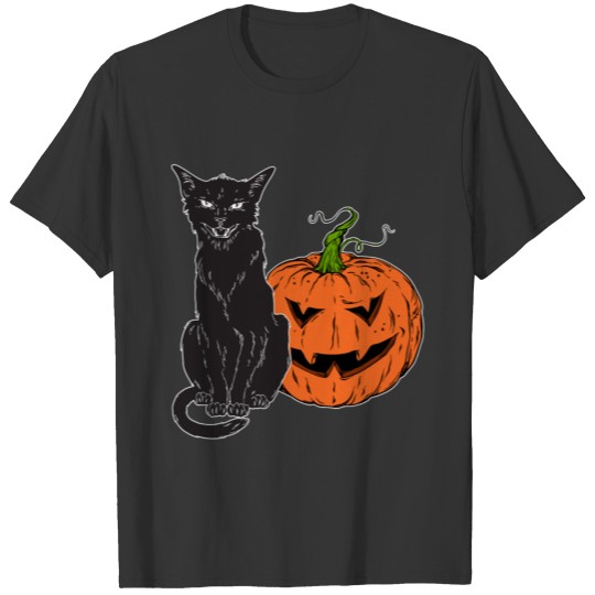 Vintage Scary Halloween Black Cat Costume Pumpkin T Shirts