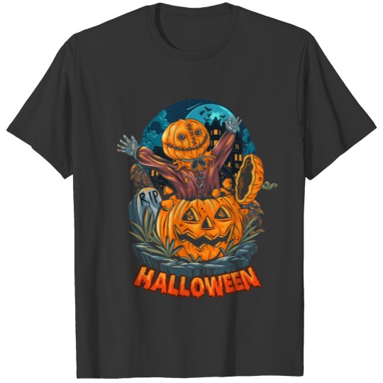 A sack-headed human comes out of a halloween pumpk T-shirt