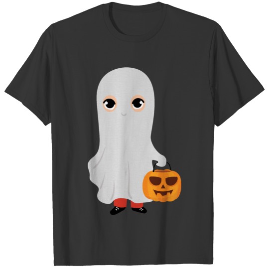 Halloween Kid dressed as ghost holding pumpkin T Shirts