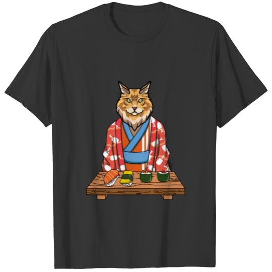 Kawaii Japanese Maine Cat Kimono Sushi T Shirts