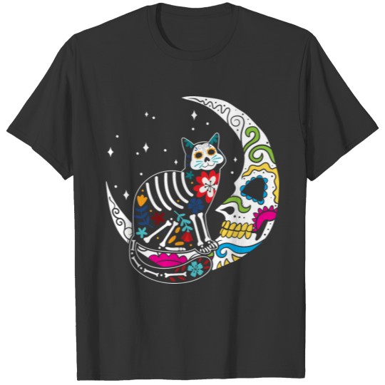 Sugar Skull Cat And Moon Day of The Dead Cat Mom T Shirts