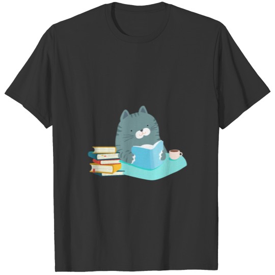 Cute Cat Reading Book Coffee Lover Bookworm T Shirts