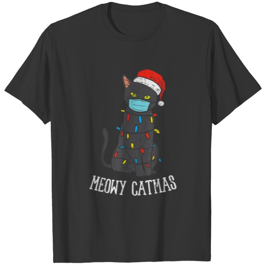 Santa Black Cat Mask Meowy Catmas Christmas T-shirt