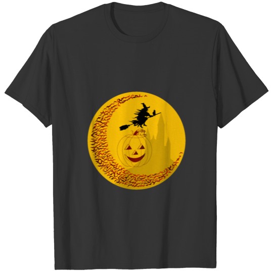 Funny Pumpkin Witch Broom Crescent Bats Design T-shirt