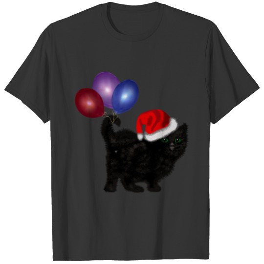 Black fluffy kitten in santa claus hat T Shirts
