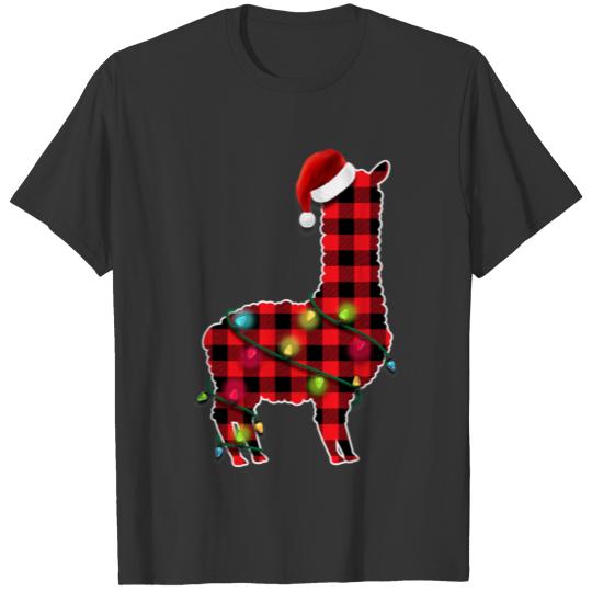 Red Buffalo Plaid Llama Christmas Tree Lights T Shirts