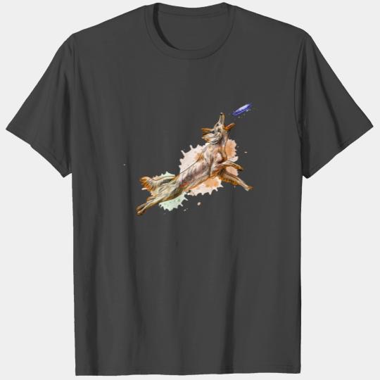 Dog catching flying disk gliding toy indie art T Shirts
