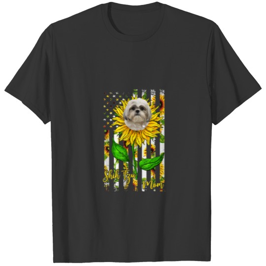 Shih Tzu Mom Sunflower American Flag Dog Lover T Shirts