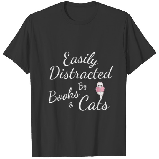 Easily distracted by cat and book T shirt, cat mom T-shirt
