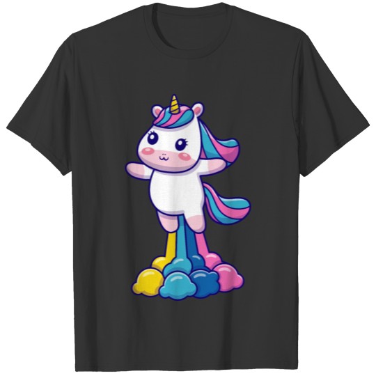 Unicorn rainbow flying happy fun cartoon T-shirt