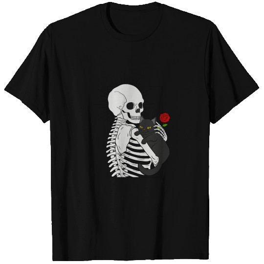 Black Demonic Cat Skeleton Hail Satan Death Metal T Shirts