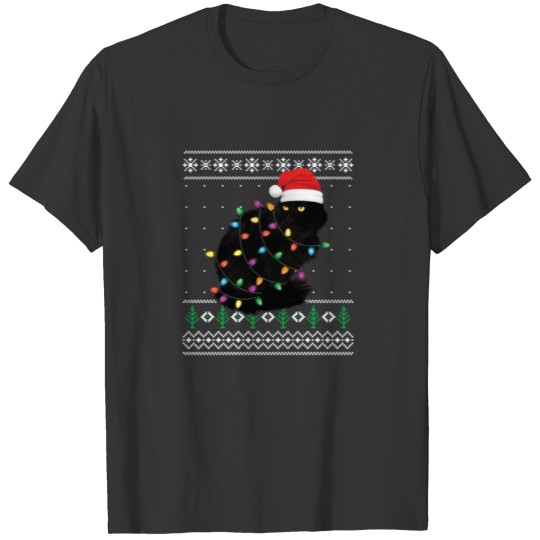 Black Cat Christmas Ugly Sweater Gift Funny Santa T-shirt
