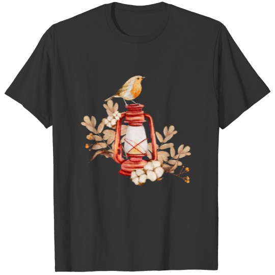 Christmas Lamp And Bird Watercolor Hand Paint T Shirts