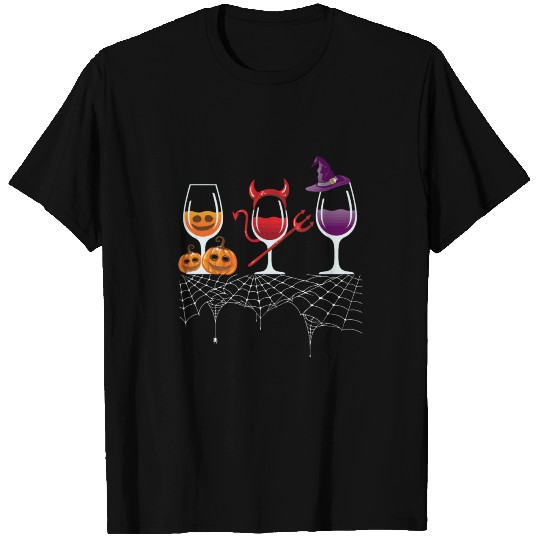 Halloween Red Wine Glasses Pumpkin Devil Witch Cut T Shirts