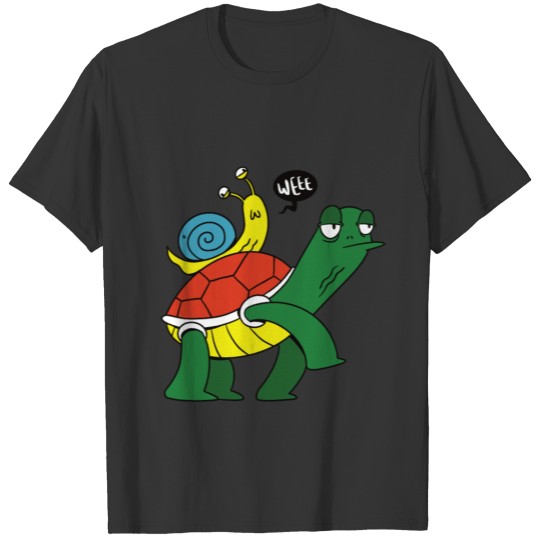 Turtle with jockey snail on her back and wee Quote T Shirts