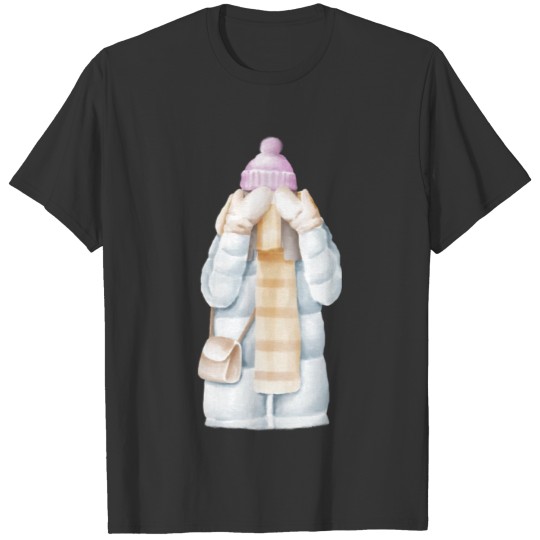 Drawing of a girl in winter clothes hiding face T-shirt