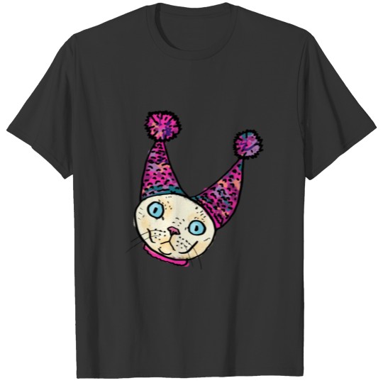 Funny Devon Rex Cat with Ear Caps and Pom Poms - A T Shirts
