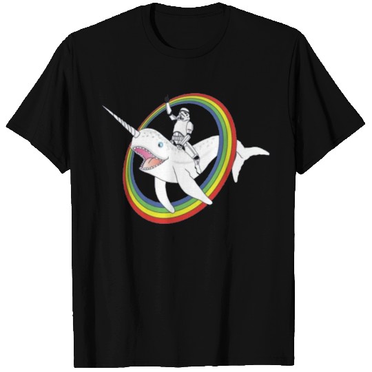 Spaceman riding narwhal through rainbow T Shirts