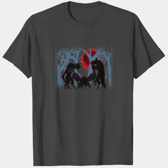 Red Full Moon Cryptids Mothman in ghost forest T Shirts