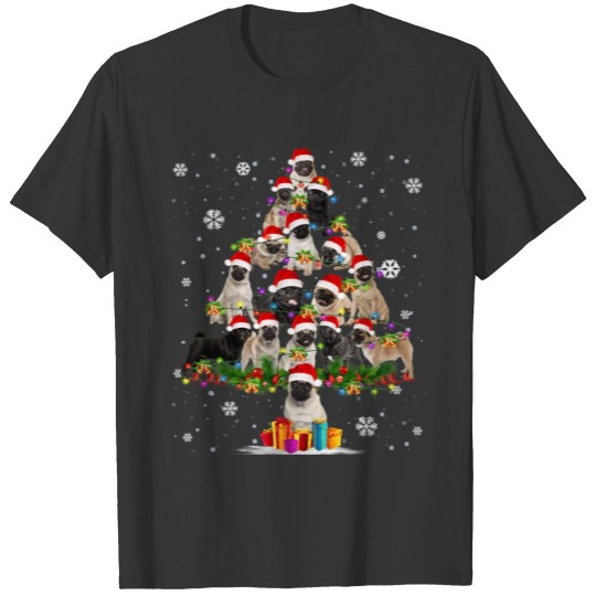 Funny Pug Dog Christmas Tree Hat In Snow Santa Xma T-shirt