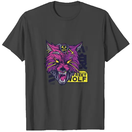 Colorful cyberpunk wolf with street wolf quote T Shirts