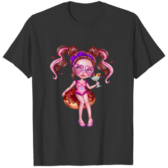 Summertime girl with cocktail and donut swim ring T Shirts