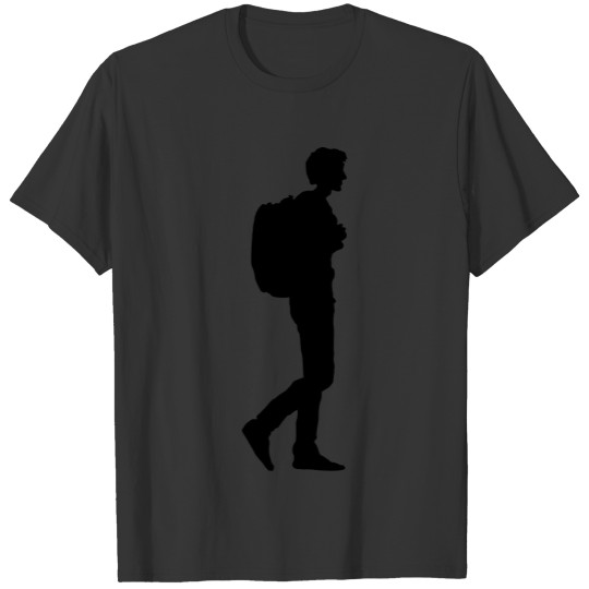 Young boy walking with backpack T Shirts