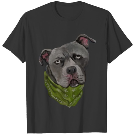 Silver Grey Blue Nose Pit Bull with Green Scarf T-shirt