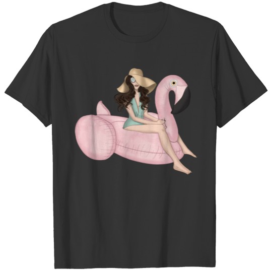Woman on a pink flamenko, beach party T Shirts