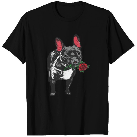 French Bulldog With Red Rose Valentines Day T Shirts