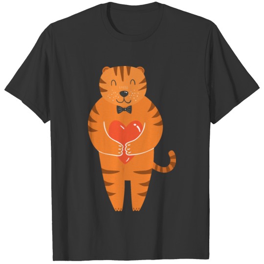 Enamored red tiger with hearts in hands for her T-shirt