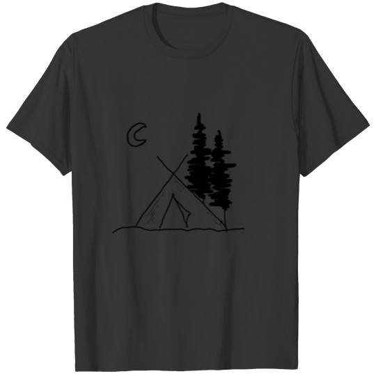 Camping in tent at night under fir trees and moon T-shirt