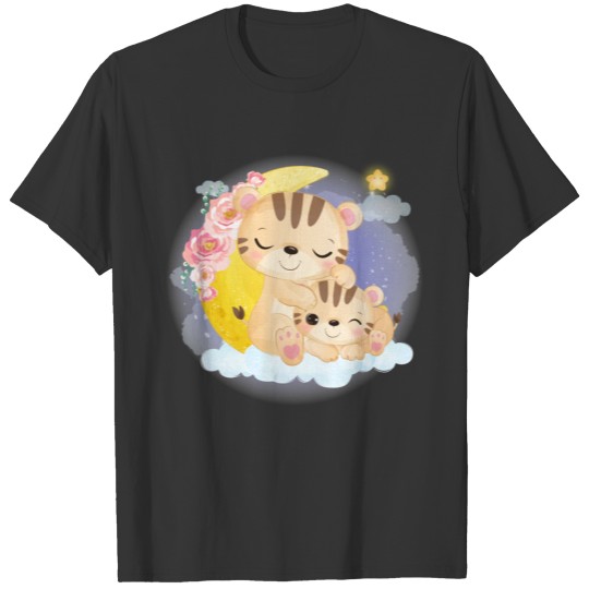 Cute tiger family on a cloud with a half moon T Shirts