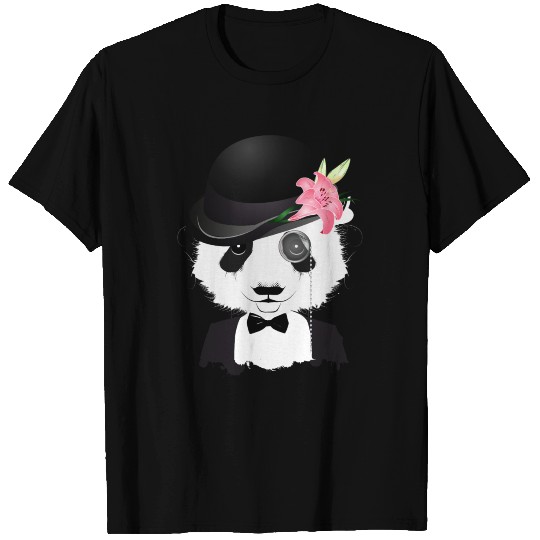 chic panda bear with bowler hat, monocle and lily T Shirts