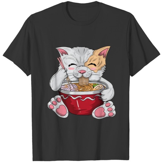 Japanese kawaii cat with noodles cat owner gift T Shirts