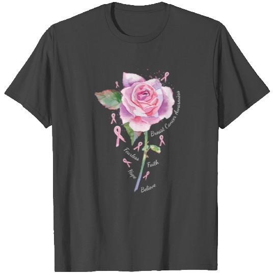 Pink Rose Ribbon Fearless Faith Hope Breast Cancer T Shirts