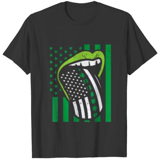 Irish Lips Tongue US Flag St Patricks Day Patriot T-shirt
