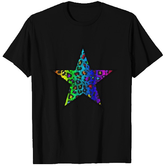 Distressed Dark Rainbow Leopard Print Star T Shirts