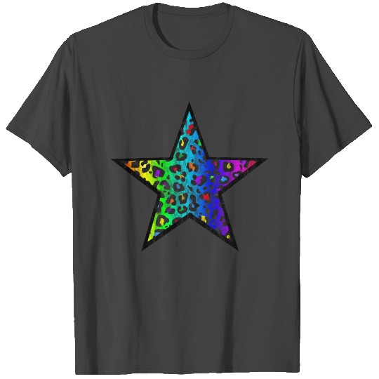 Distressed Dark Rainbow Leopard Print Star T Shirts