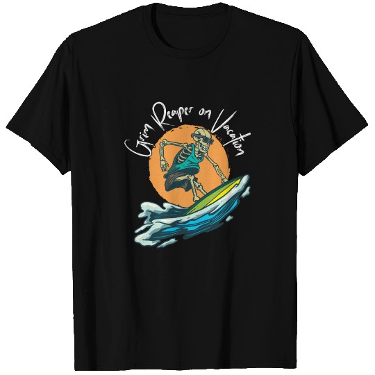 Surfing Skeleton Grim Reaper on Vacation T Shirts