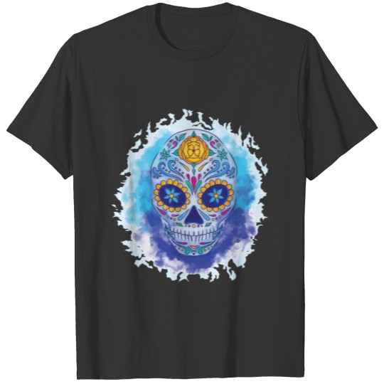 Sugar Skull Watercolor wonderful skull art blue T-shirt