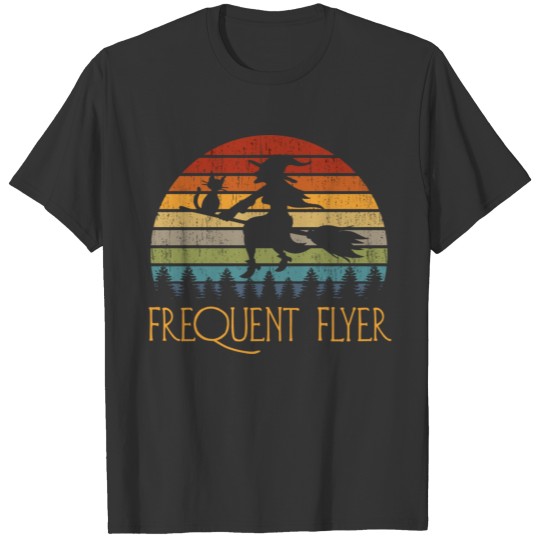 Frequent Flyer Halloween Witch Cat Broom Vintage T-shirt