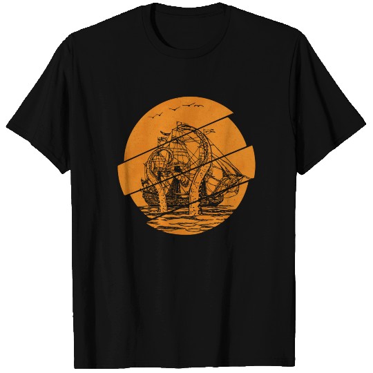 Vintage Kraken Pirate Ship Giant Octopus Ocean T Shirts