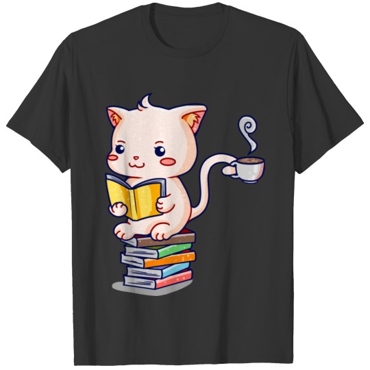 Cute kawaii cat sitting on books, drinking coffee T Shirts