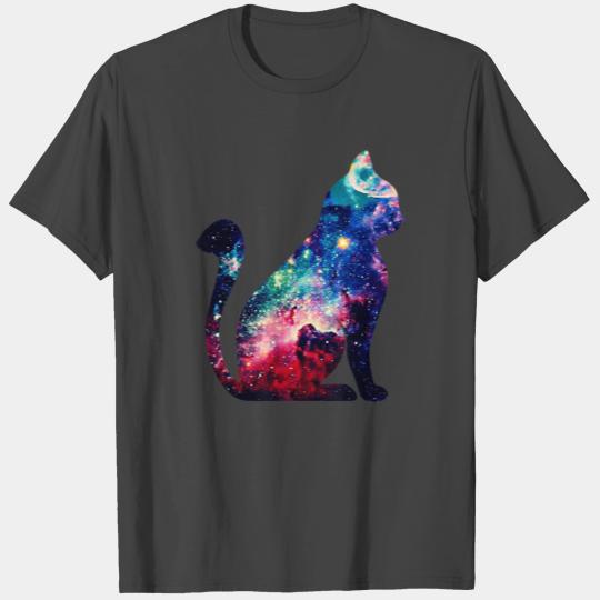 Beautiful Space Nebula Galaxy Cat Silhouette T Shirts