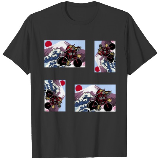 Japanese Samurai Cycling through Rushing Waves T-shirt