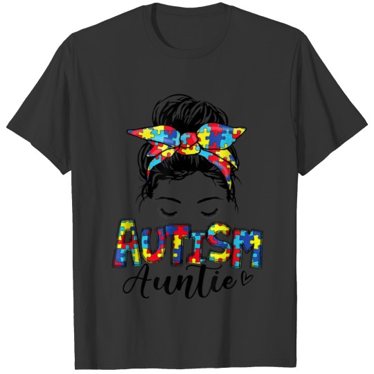 Autism Auntie Messy Bun Hair Puzzle Mothers Day T-shirt