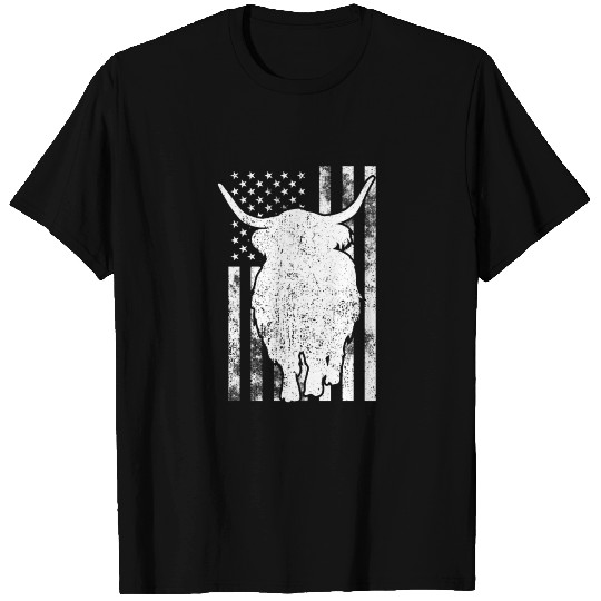 Retro American Flag - Scottish Highland Cow Farmer T Shirts